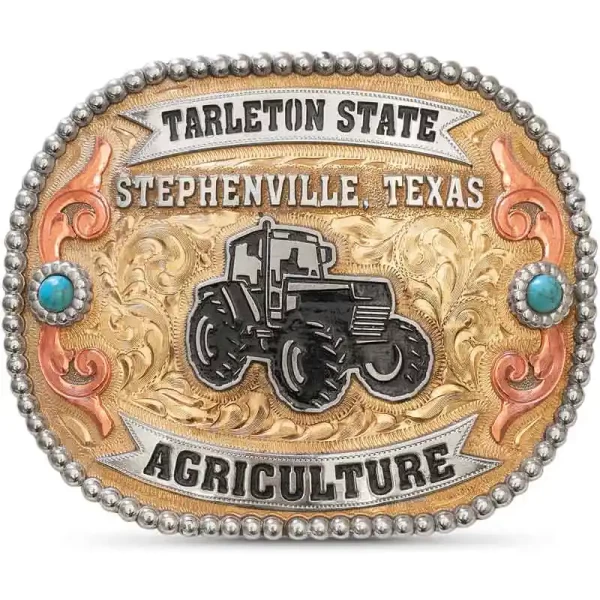 Celebrate your graduation with the Stephenville Belt Buckle, a tribute to  agricultural roots. This handcrafted buckle features a hand-engraved Jeweler's Bronze base with a beaded edge and detailed copper scrollwork. Perfect for farm enthusiasts, it can b